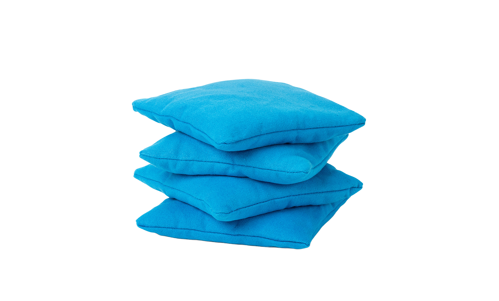 Four vibrant blue square bean bags from Ledge Lounger are stacked against a white background, resembling a colorful cornhole set.