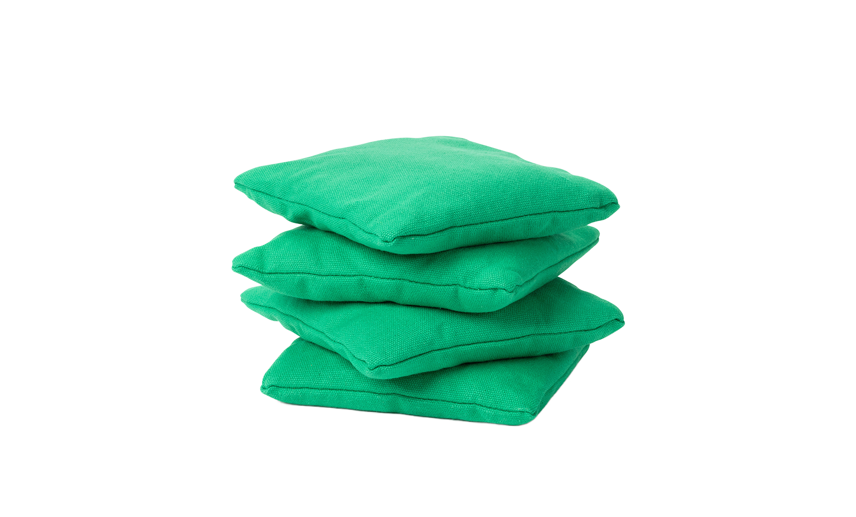 Four green Ledge Lounger bean bags are stacked on a white background, perfect for enhancing your cornhole set.