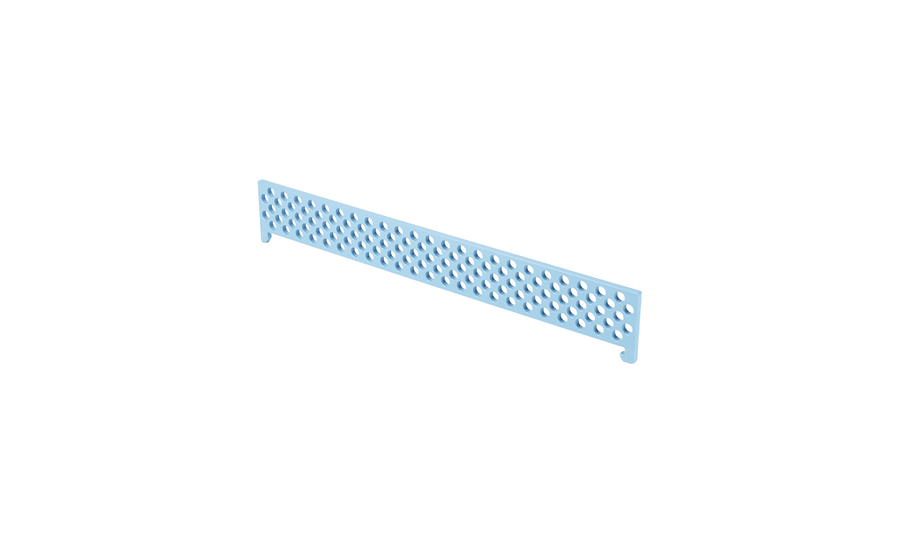 The Ledge Lounger Table Tennis Net is a light blue, rectangular plastic strip with evenly spaced circular holes and adjustable feet, shown at an angle on a white background.