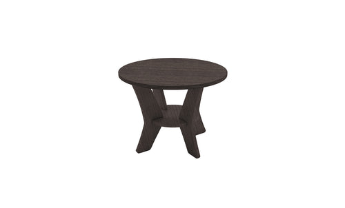 The Mainstay Round Side Table by Ledge Lounger features a small, dark wooden circular top and three angled legs connected at the base, making it perfect for adding a touch of minimalistic design to your outdoor space.