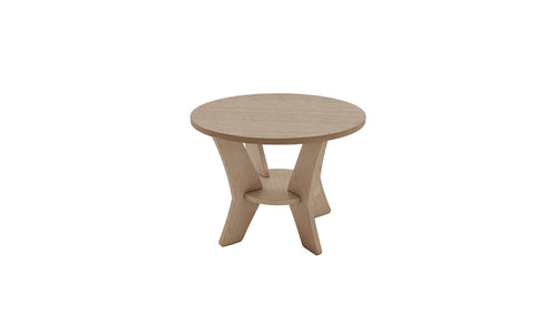 The Mainstay Round Side Table by Ledge Lounger, ideal for outdoor settings, features a minimalistic design with three curved legs and a circular lower support. Its light wood finish elegantly showcases the grain texture against a plain white background.