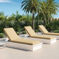 Three Echo Chaise loungers from Ledge Lounger, featuring white frames and beige fabric, are set on a tiled patio amidst lush palm trees. A small side table complements this tranquil outdoor setting under a clear blue sky with a modern building on the right.