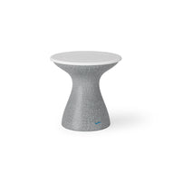 The Autograph Tall Ice Bin Side Table by Ledge Lounger is an hourglass-shaped piece with a speckled gray finish and smooth white top, perfect for enhancing your patio decor with its modern minimalist design while providing functionality.