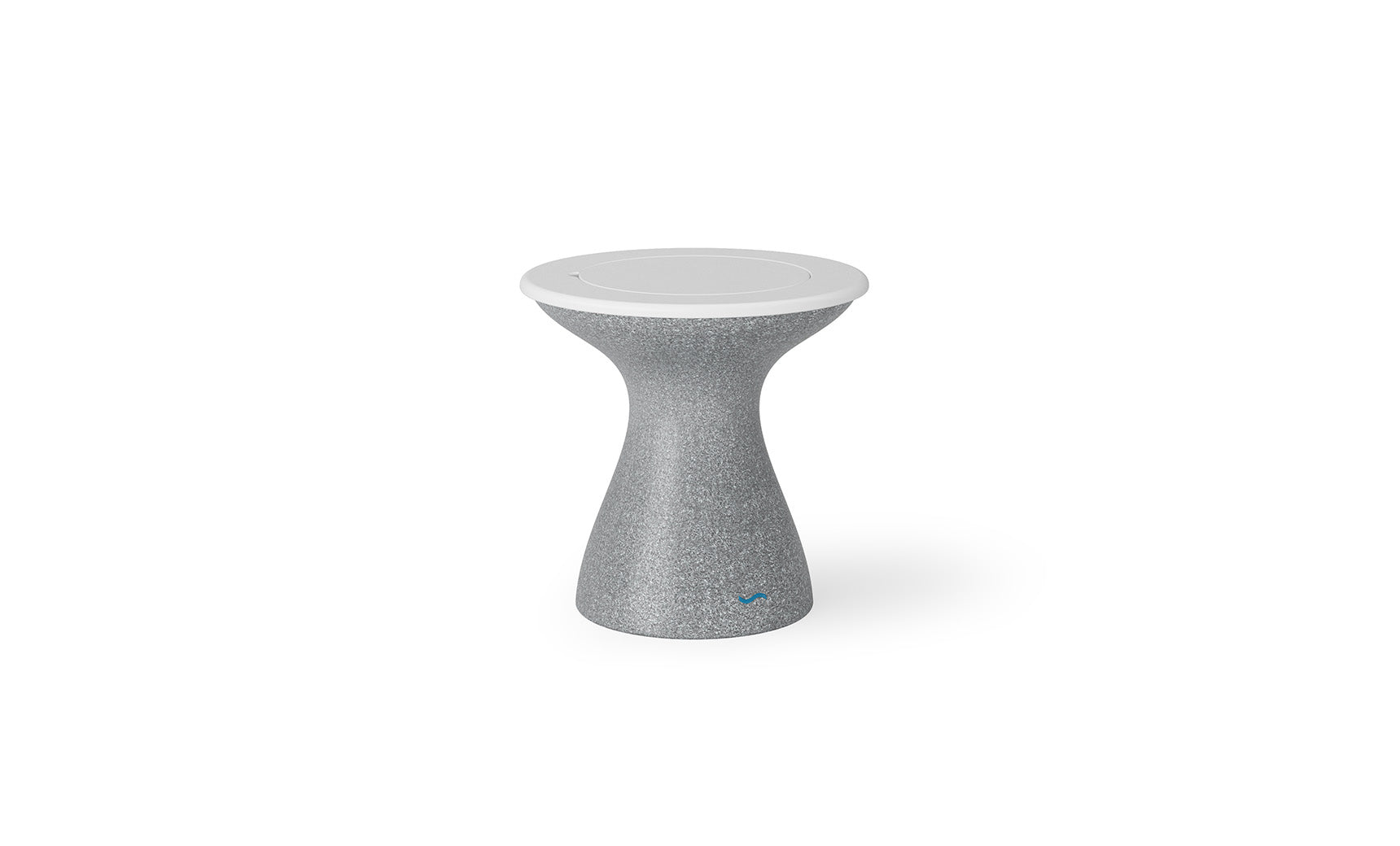 The Autograph Tall Ice Bin Side Table by Ledge Lounger is an hourglass-shaped piece with a speckled gray finish and smooth white top, perfect for enhancing your patio decor with its modern minimalist design while providing functionality.