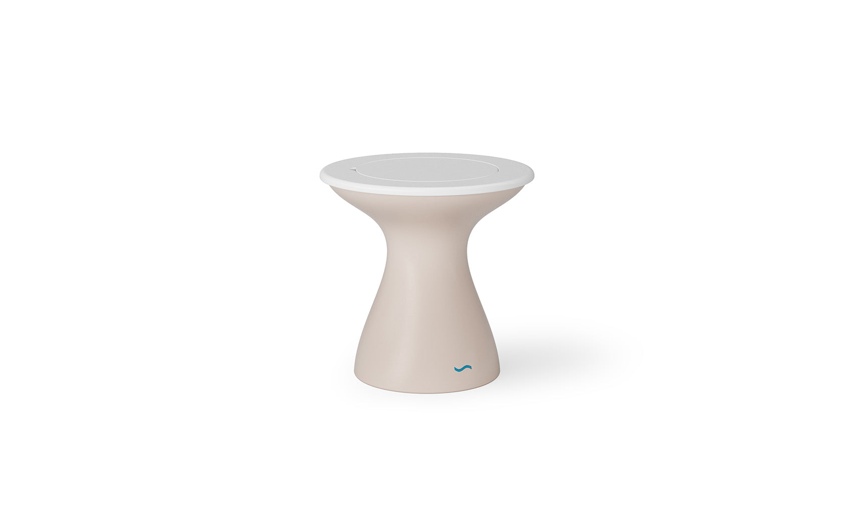 The Autograph Tall Ice Bin Side Table by Ledge Lounger is a beige, hourglass-shaped stool with a modern design and round white top, perfect as an outdoor side table. A small blue logo at the bottom adds charm against the white backdrop.