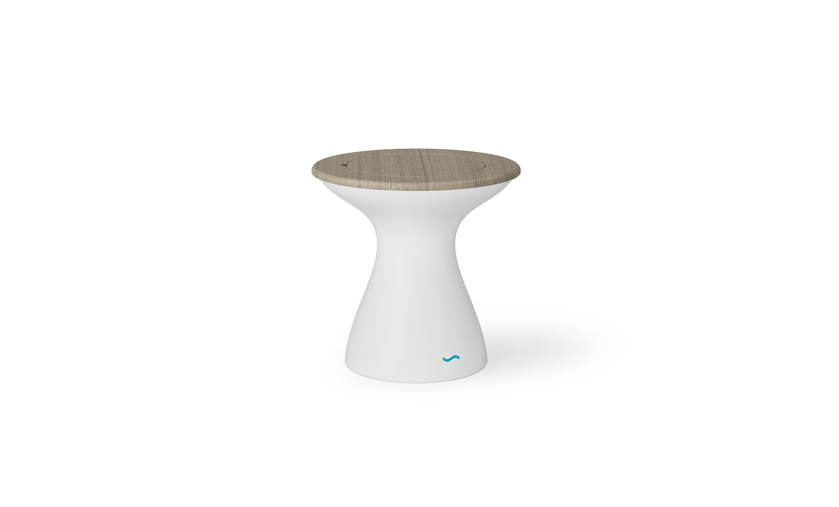 The Autograph Tall Ice Bin Side Table by Ledge Lounger is a sleek stool and outdoor side table, featuring a smooth white base with an hourglass shape and a round wooden top. A small blue logo adds flair to its versatile design, perfect for stylish spaces.