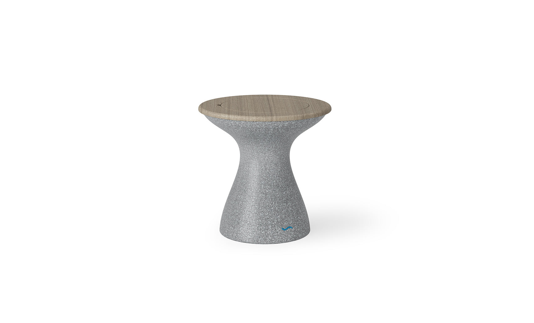 The Autograph Tall Ice Bin Side Table by Ledge Lounger features a modern design with a textured gray hourglass base and smooth wooden seat, which doubles as a chic outdoor stool.