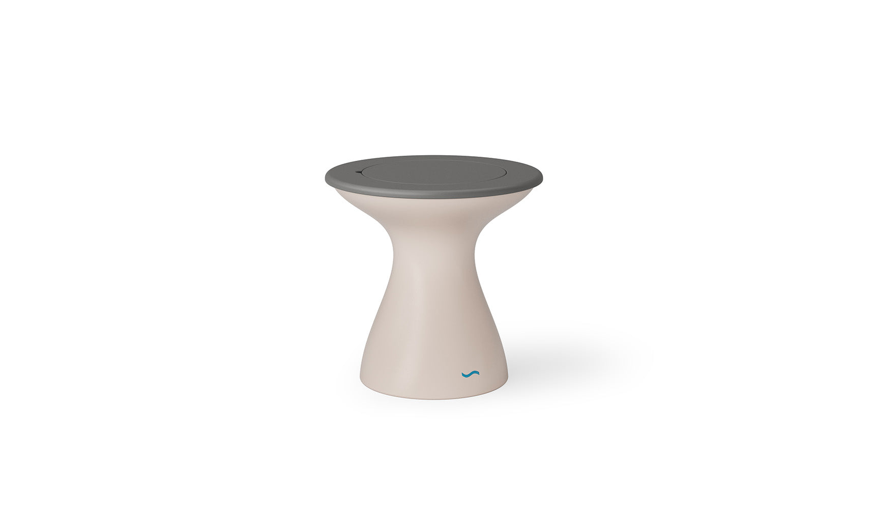 The Autograph Tall Ice Bin Side Table by Ledge Lounger is a modern, hourglass-shaped stool that also serves as a chic outdoor side table. It features a beige body, flat round gray top, and sleek minimalist design with a small blue logo near the base.