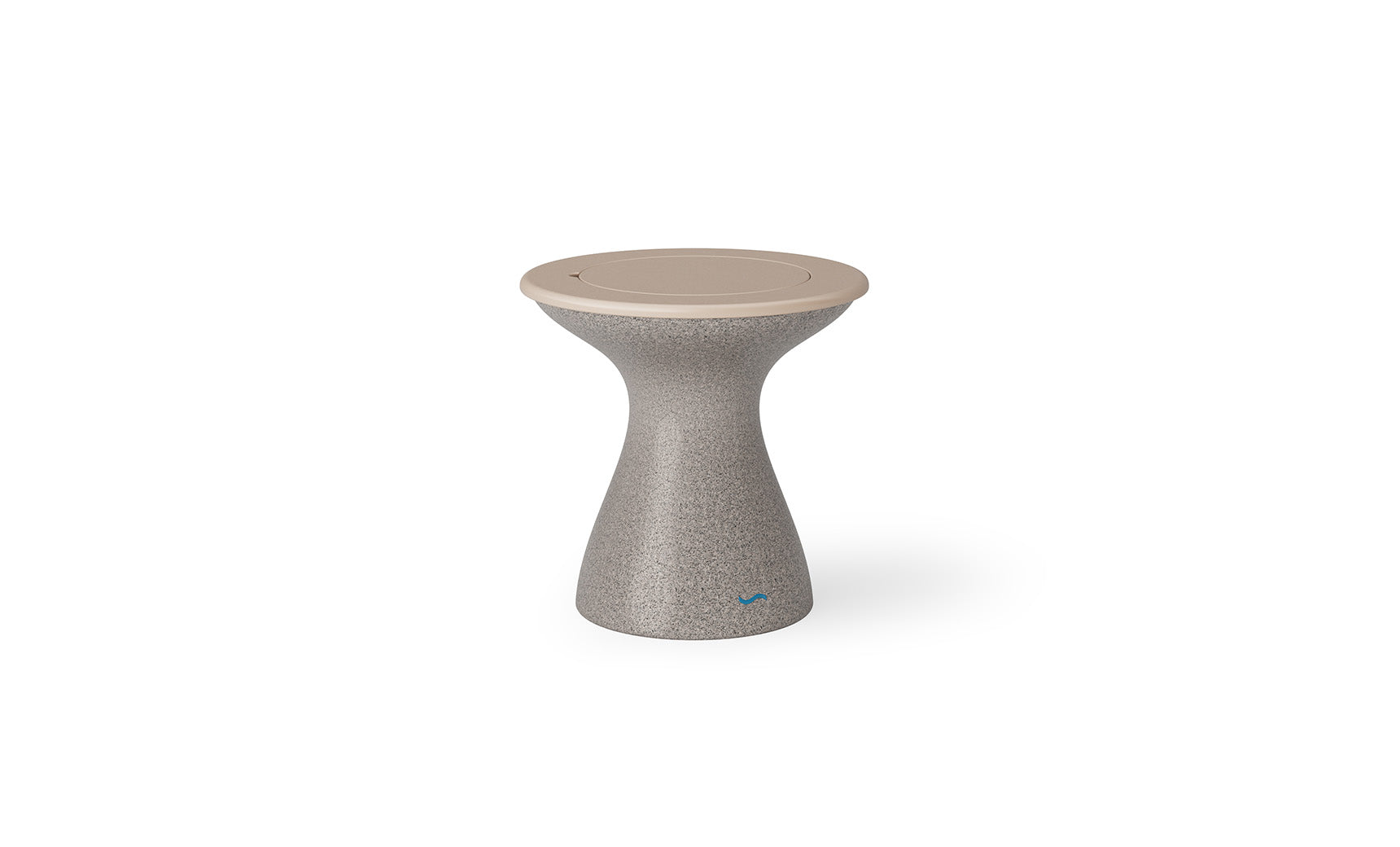 The Autograph Tall Ice Bin Side Table by Ledge Lounger is a modern, hourglass-shaped stool and sleek outdoor side table with a textured gray surface and smooth, round beige top.