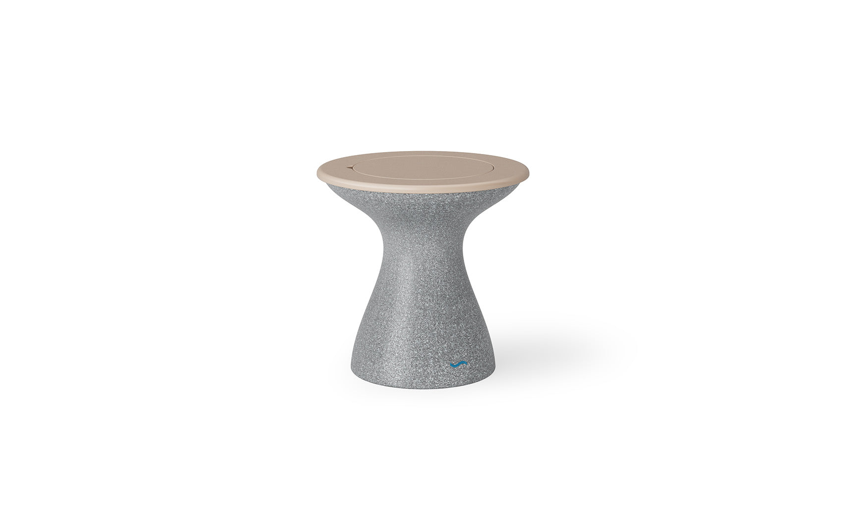 The Autograph Tall Ice Bin Side Table by Ledge Lounger is a modern, hourglass-shaped outdoor speaker with a textured gray finish and flat beige top. It doubles as an elegant side table, featuring a small logo near the base, its sleek design is perfect for any patio setup.