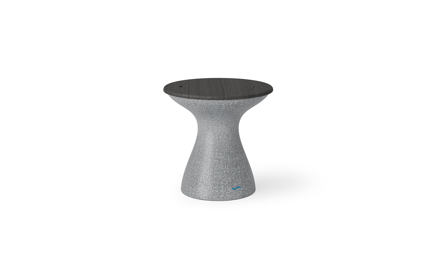 The Autograph Tall Ice Bin Side Table by Ledge Lounger features a modern hourglass shape with a speckled gray base and smooth dark tabletop. Its sculptural, tapered design is ideal for patios, while the flat top elegantly serves as a hydration station for gatherings.