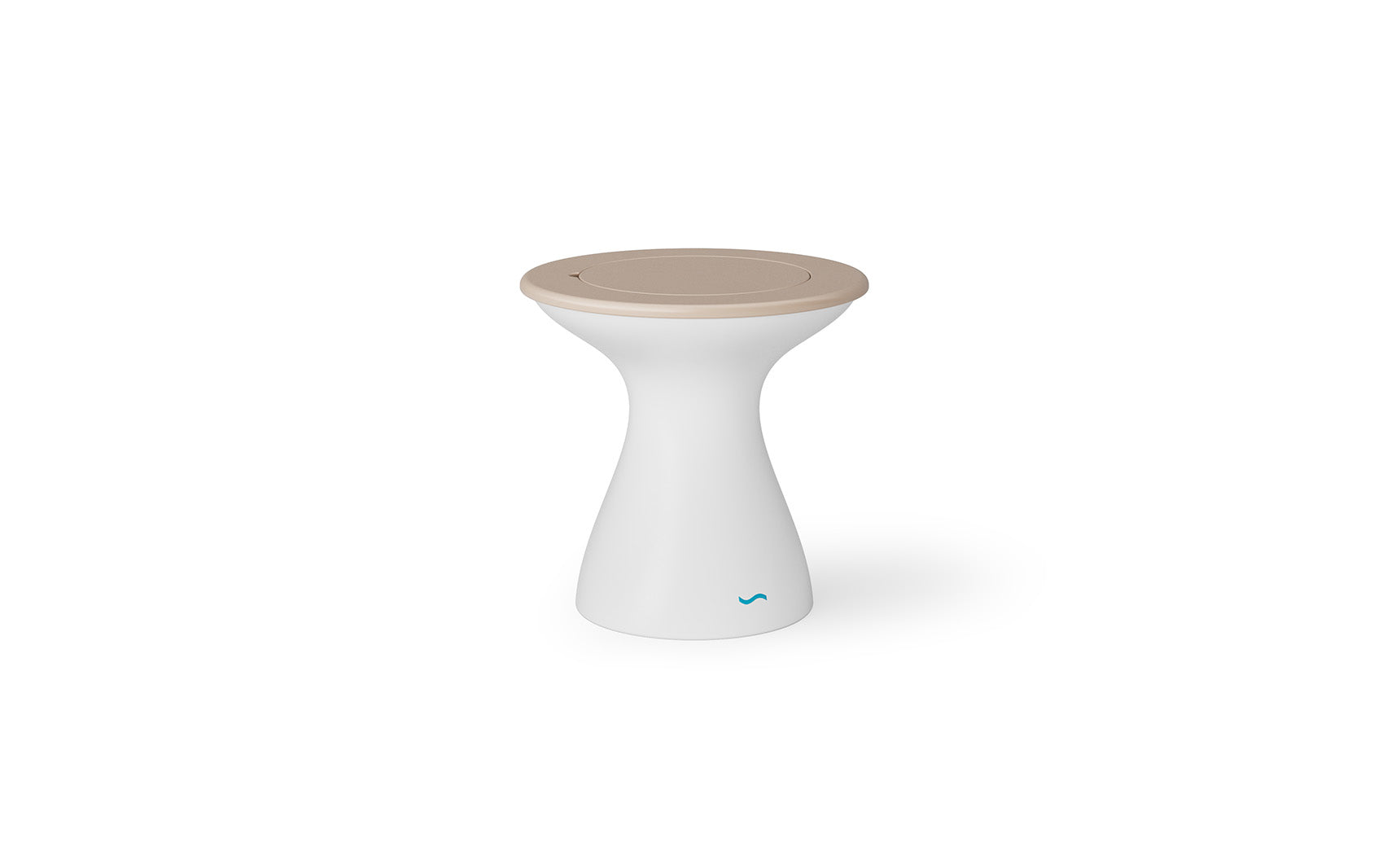 The Autograph Tall Ice Bin Side Table by Ledge Lounger features a sleek, minimalist hourglass design with a white body and round beige top, perfect as a modern stool or outdoor side table for contemporary spaces.