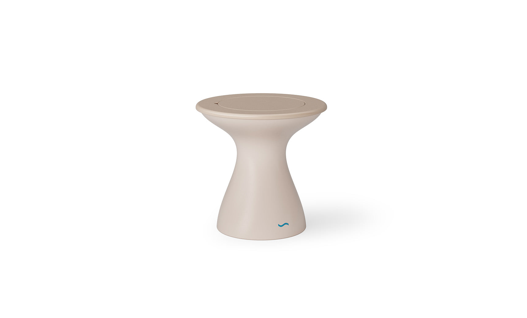 Ledge Loungers Autograph Tall Ice Bin Side Table is a versatile, hourglass-shaped stool with a smooth beige finish. It has a round seat, slightly wider base, and displays a small blue logo near the bottom for outdoor use.