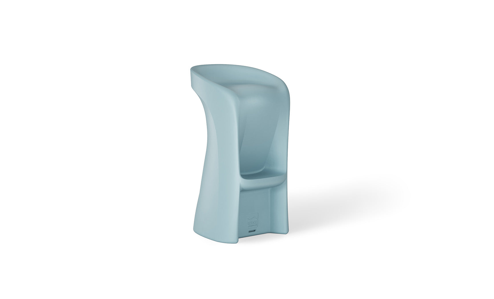 Introducing the Signature Barstool Bar Height by Ledge Lounger, a modern, light blue stool featuring a sleek curved backrest and minimal design. Its smooth molded plastic surface makes it ideal for contemporary interiors or poolside entertainment.