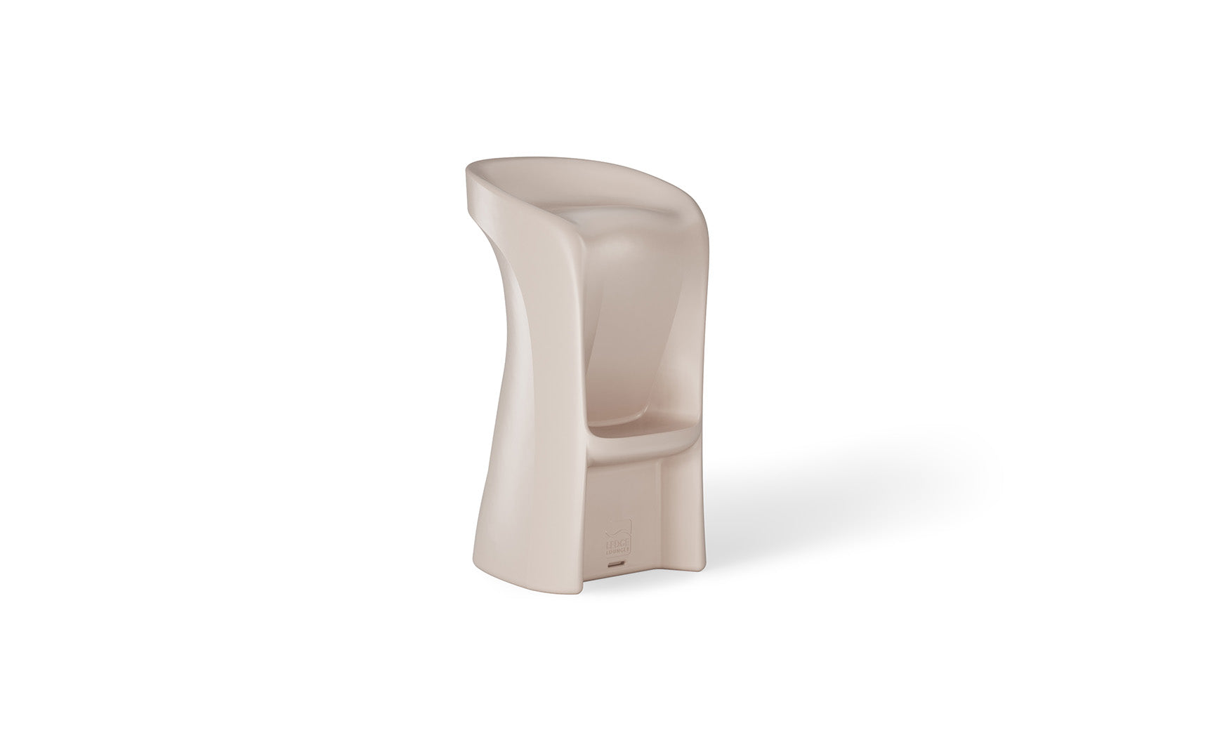 The Ledge Lounger Signature Barstool Bar Height is a modern, beige plastic stool with a curved backrest and integrated seat. Its sleek, minimalist design features smooth surfaces and single-piece construction, ideal for outdoor entertaining as a weatherproof addition to your poolside oasis.