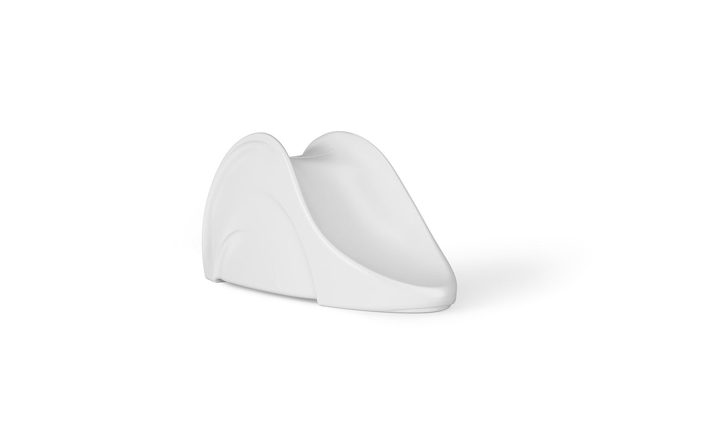 The Signature Slide by Ledge Lounger is a sleek, white shoe display stand with a modern curved design. It elegantly showcases a single shoes heel and sole with a smooth, glossy finish, ideal for highlighting footwear elegance.