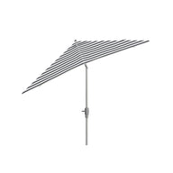 Ledge Loungers 8.5 Square Signature 360° Tilt Umbrella, with stylish black and white stripes and a tilt mechanism on a metal pole, exudes resort-level elegance against its crisp white background.