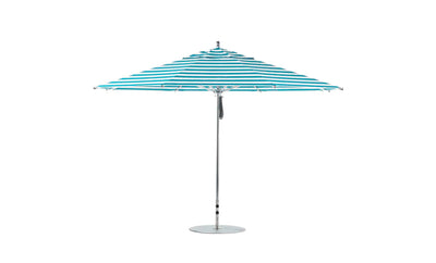 Introducing the Premier Aluminum Umbrella by Ledge Lounger. This 13 octagon pulley umbrella boasts high-quality materials, blue and white stripes, a sleek silver pole with a round base, making it perfect for patios or gardens with its stylish and wind-resistant wide canopy when fully open.