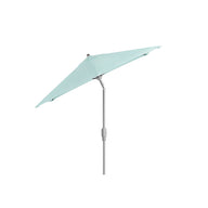 The 6.5 Square Signature 360° Tilt Umbrella by Ledge Lounger is mint green with a gray pole. It features a side-opening design, rustproof frame, and wind-resistant construction.