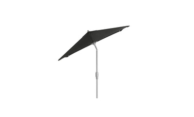 The Ledge Lounger 6.5 Square Signature 360° Tilt Umbrella, in black, showcases a minimalist design with a slender vertical pole angled left. Its rustproof frame ensures durability against the elements.