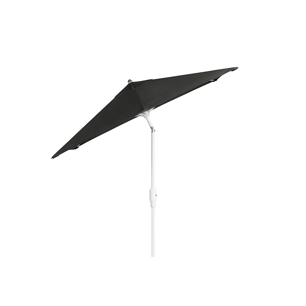 A dark green, triangular canopy parasol with a rustproof frame and angled white pole by Ledge Lounger. This 6.5 Square Signature 360° Tilt Umbrella is perfect for outdoor shade on sunny days, shown against a plain white background.