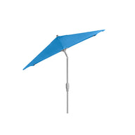 The Ledge Lounger 6.5 Square Signature 360° Tilt Umbrella features a modern, angular design with a premium blue canopy and rustproof silver pole, set against a plain white background.