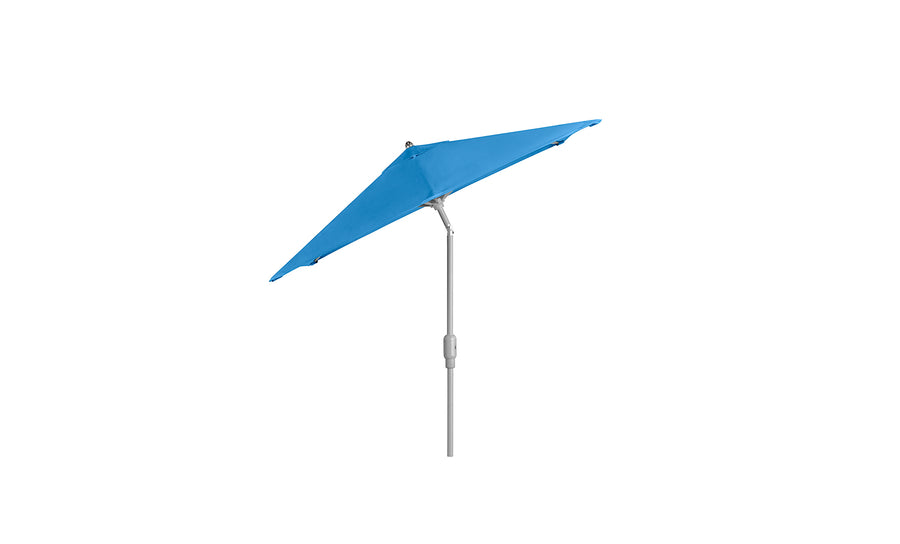 A blue, triangular-canopy 6.5 Square Signature 360° Tilt Umbrella by Ledge Lounger features a wind-resistant, rustproof frame on a light gray pole against a plain white background.