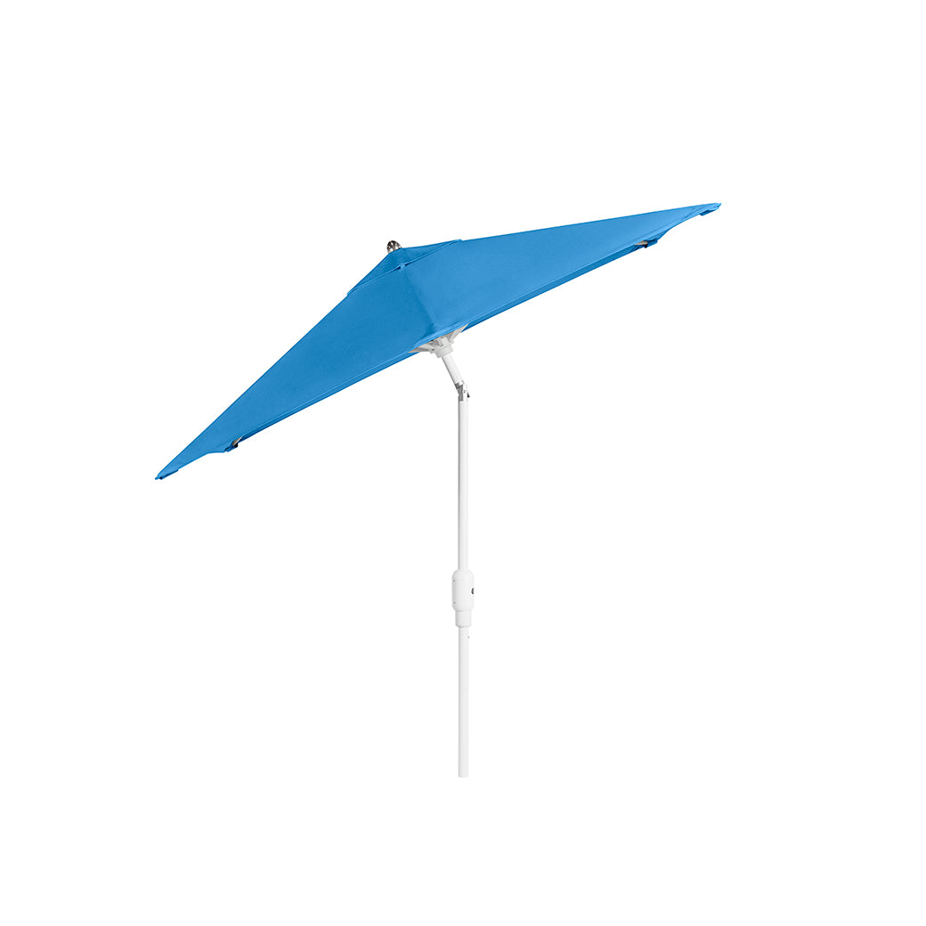 The Ledge Lounger 6.5 Square Signature 360° Tilt Umbrella, with a premium blue triangular design on a white pole and a rustproof frame, is displayed against a plain white background.