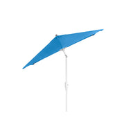 The Ledge Lounger 6.5 Square Signature 360° Tilt Umbrella, with a premium blue triangular design on a white pole and a rustproof frame, is displayed against a plain white background.