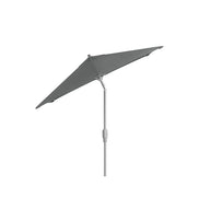 The Ledge Lounger 6.5 Square Signature 360° Tilt Umbrella features a rustproof frame and central pole in gray, showcased against a white background. This premium outdoor umbrella is designed for durability and elegance in any setting.