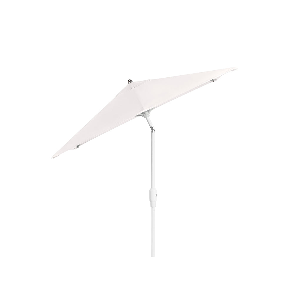 A 6.5 white square Signature 360° Tilt Umbrella by Ledge Lounger with a minimalist design features a rustproof frame. This premium umbrella has an open triangular canopy supported by a central pole against a plain white background.