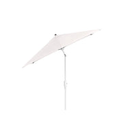 A 6.5 white square Signature 360° Tilt Umbrella by Ledge Lounger with a minimalist design features a rustproof frame. This premium umbrella has an open triangular canopy supported by a central pole against a plain white background.