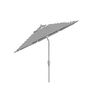 The 7.5 Octagon Signature 360° Tilt Umbrella by Ledge Lounger, featuring a black and white striped design, is elegantly tilted on a single pole against a plain white background.