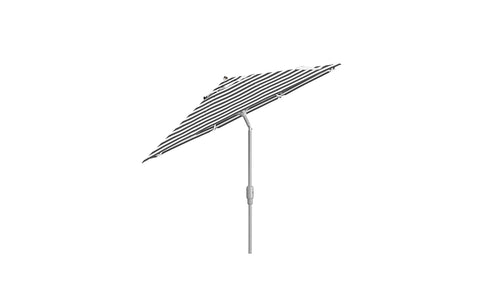 The 7.5 Octagon Signature 360° Tilt Umbrella by Ledge Lounger, featuring a black and white striped design, is elegantly tilted on a single pole against a plain white background.