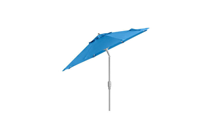 The Ledge Lounger 7.5 Octagon Signature 360° Tilt Umbrella features a blue canopy and an adjustable silver pole, adding elegance to any outdoor space, set against a plain white background.