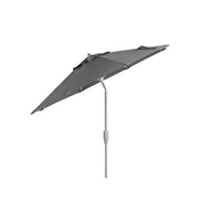 The Ledge Lounger 7.5 Octagon Signature 360° Tilt Umbrella, with a green canopy and slender gray pole, epitomizes outdoor elegance. Crafted from premium materials, its fabric cover is supported by metal ribs against a plain white background.