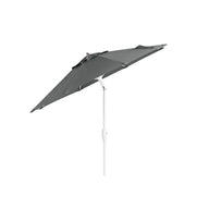 The Ledge Lounger 7.5 Octagon Signature 360° Tilt Umbrella, featuring a dark green canopy and white pole, stands slightly off-center on a plain white background, embodying outdoor elegance.