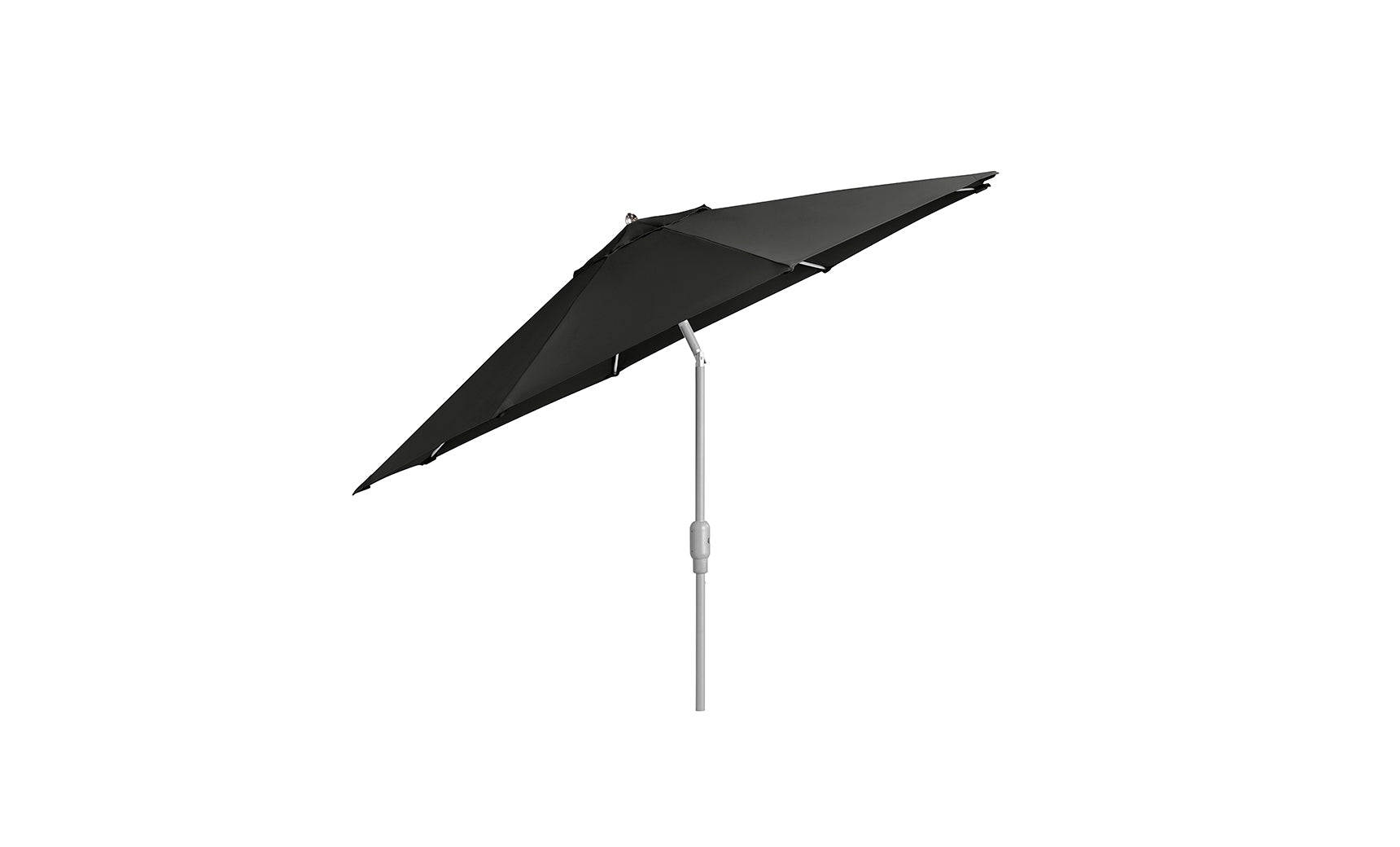 The Ledge Lounger 9 Octagon Signature 360° Tilt Umbrella in black with a silver pole, partially opened against a white background, adds elegance to any outdoor space.