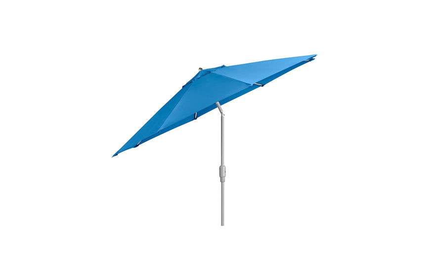 The 9 Octagon Signature 360° Tilt Umbrella by Ledge Lounger features a sleek, modern blue design with a luxury silver pole and tilting mechanism, perfect for enhancing any outdoor space. It is presented open against a plain white background.
