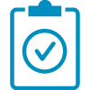 A blue clipboard icon with a checkmark inside a circle, symbolizing completion or approval.