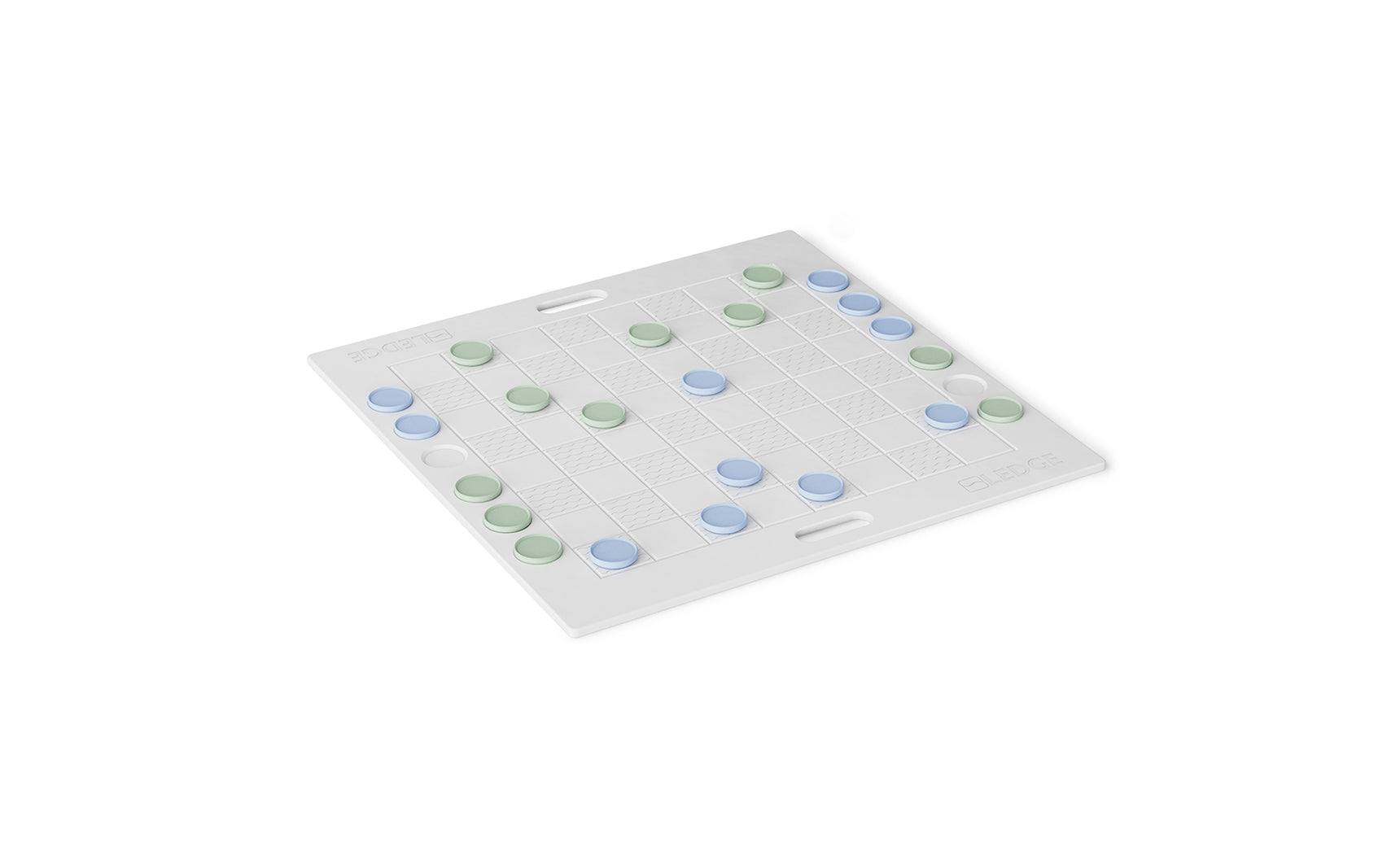 The Ledge Lounger Checkers & Tic Tac Toe board features a white checkered design with green and blue pieces. The grid pattern and side handles suggest a setup perfect for strategic abstract or giant lawn games.
