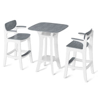The Haven Hightop Set by Ledge Lounger is a modern dining set with a rectangular gray tabletop and two matching Haven chairs. Both the table and chairs have white frames, presenting a clean, minimalist design against a white background.