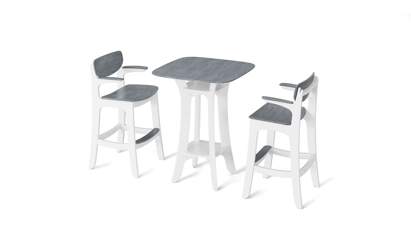 The Haven Hightop Set by Ledge Lounger is a modern dining set with a rectangular gray tabletop and two matching Haven chairs. Both the table and chairs have white frames, presenting a clean, minimalist design against a white background.