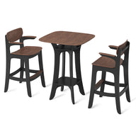 The Haven Hightop Set by Ledge Lounger includes a wooden high-top table with black legs and footrest, paired with two matching bar stools featuring minimalist curved backrests, all set against a crisp white background.