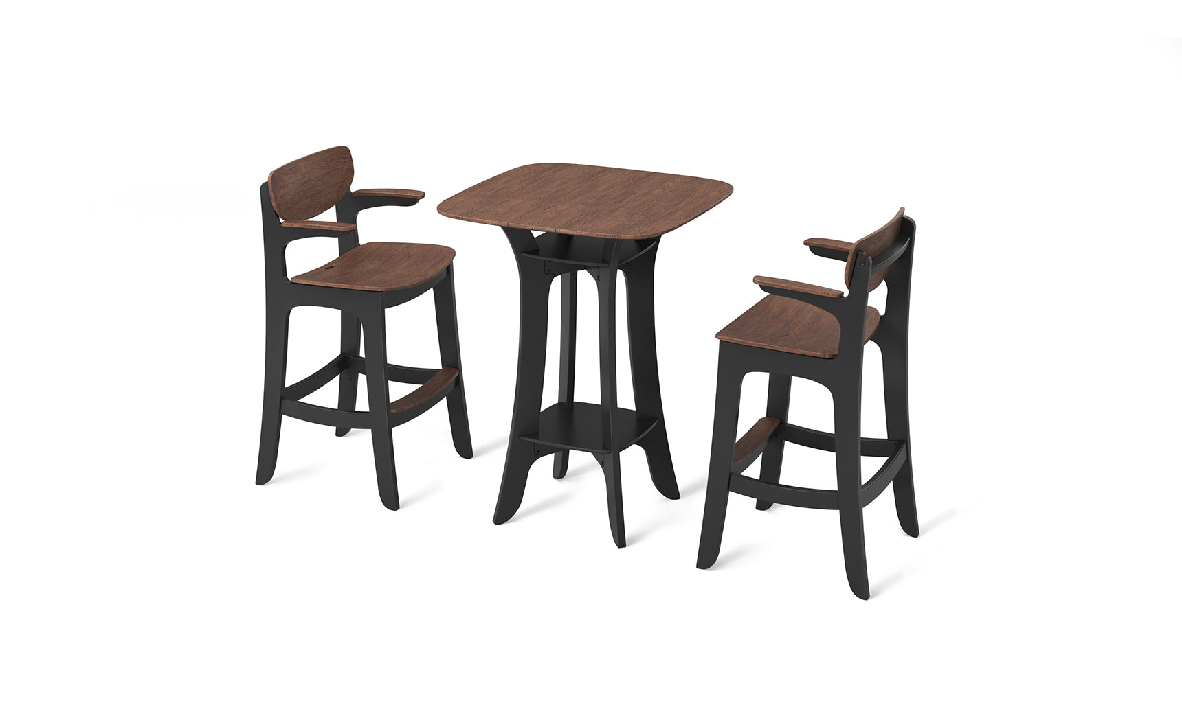 The Haven Hightop Set by Ledge Lounger includes a wooden high-top table with black legs and footrest, paired with two matching bar stools featuring minimalist curved backrests, all set against a crisp white background.
