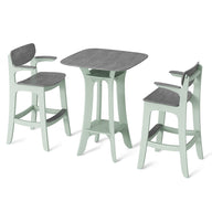 The Haven Hightop Set by Ledge Lounger is a minimalist dining set with a small rectangular table and two Haven chairs. It features light green frames complementing dark wooden surfaces, with the chairs having step-like footrests for added comfort and style.
