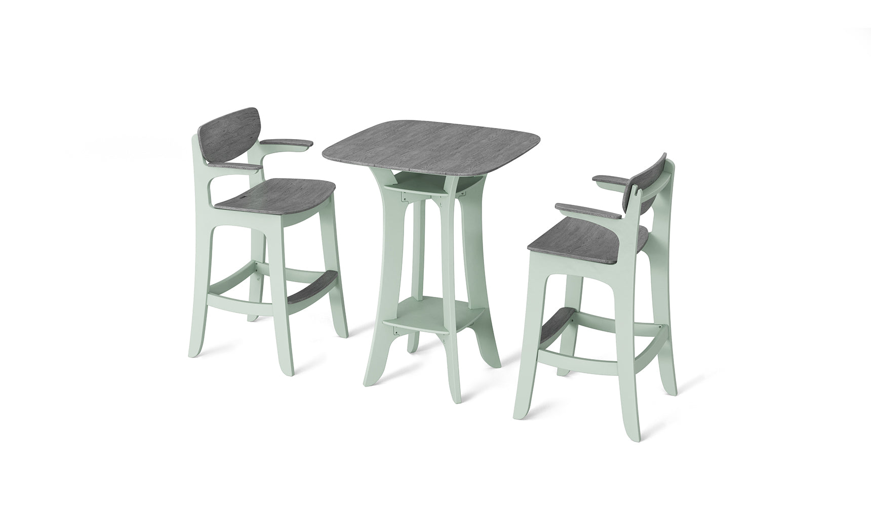 The Haven Hightop Set by Ledge Lounger is a minimalist dining set with a small rectangular table and two Haven chairs. It features light green frames complementing dark wooden surfaces, with the chairs having step-like footrests for added comfort and style.