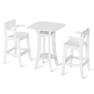 The Haven Hightop Set by Ledge Lounger includes a minimalist and contemporary white bistro-style table with two matching patio chairs, showcasing clean lines and a smooth finish against a plain white background.