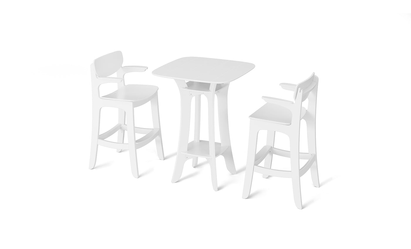The Haven Hightop Set by Ledge Lounger includes a minimalist and contemporary white bistro-style table with two matching patio chairs, showcasing clean lines and a smooth finish against a plain white background.