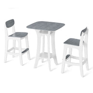 The Haven Hightop Set by Ledge Lounger includes a minimalist rectangular table and two Haven patio chairs. Both the table and chair frames are white with gray surfaces, while the chairs have matching gray seats and backrests for a clean, modern look.